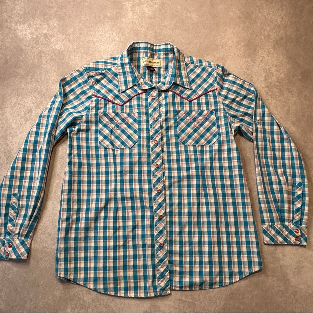 Bit & Bridle Plaid Western Embroidered Pearl Snap Button Down Shirt‎ Size Large